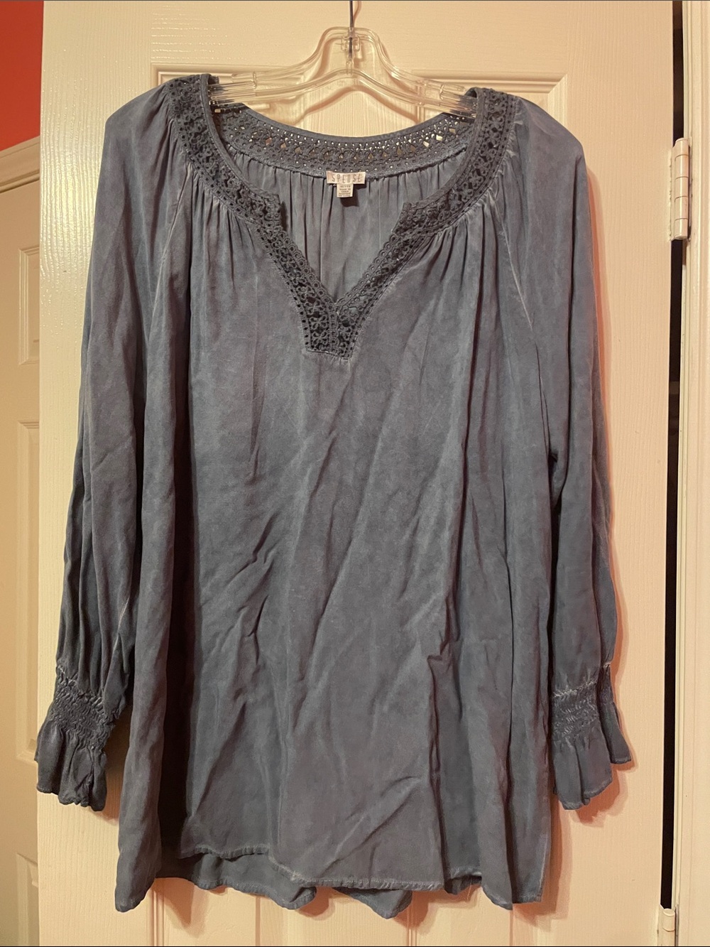 Spense Gray Boho Crochet Lace V-Neck Peasant Top XL